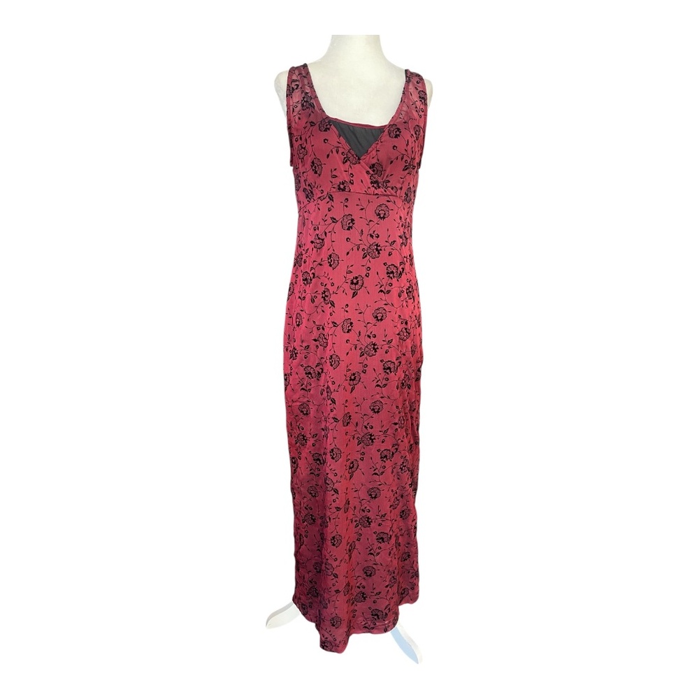 Esprit de Corp Red Floral Velvet Burnout Maxi Dress Size 7/8 Y2K Vintage Grunge